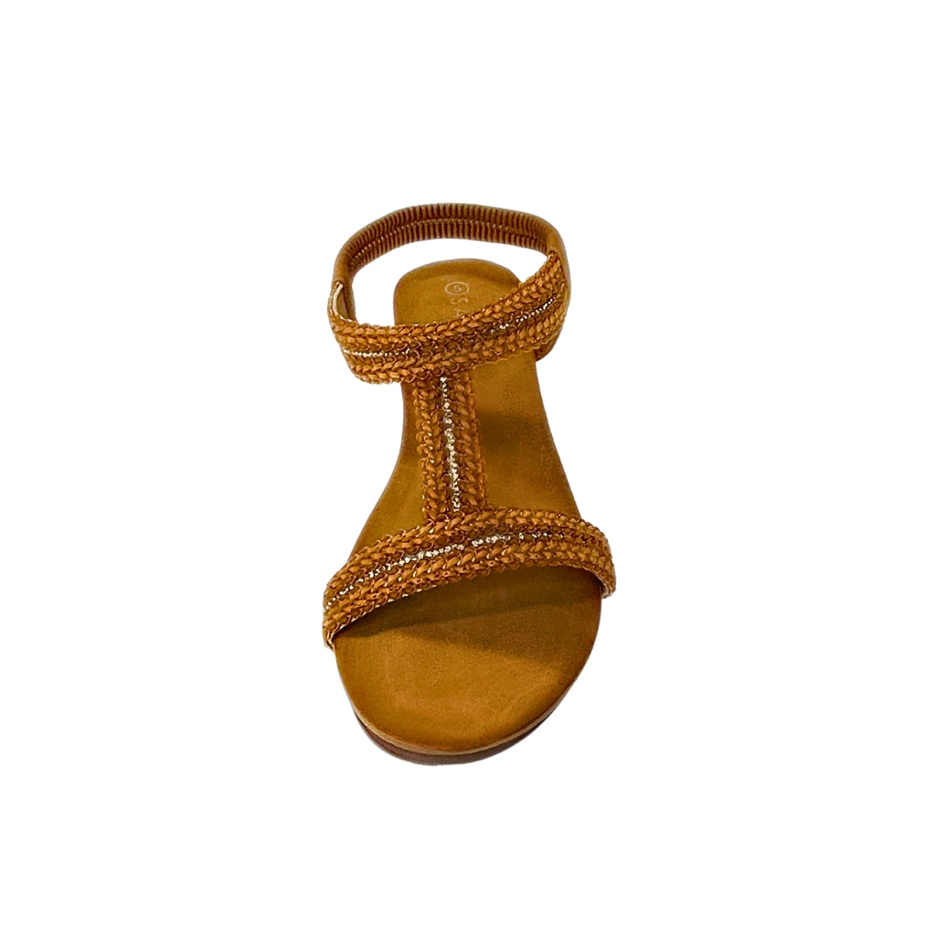 Savoy camel T-BAR WEDGE with elasticated slingback