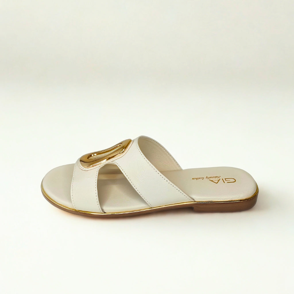 Gia bone LEATHER SLIDE with gold accent detail
