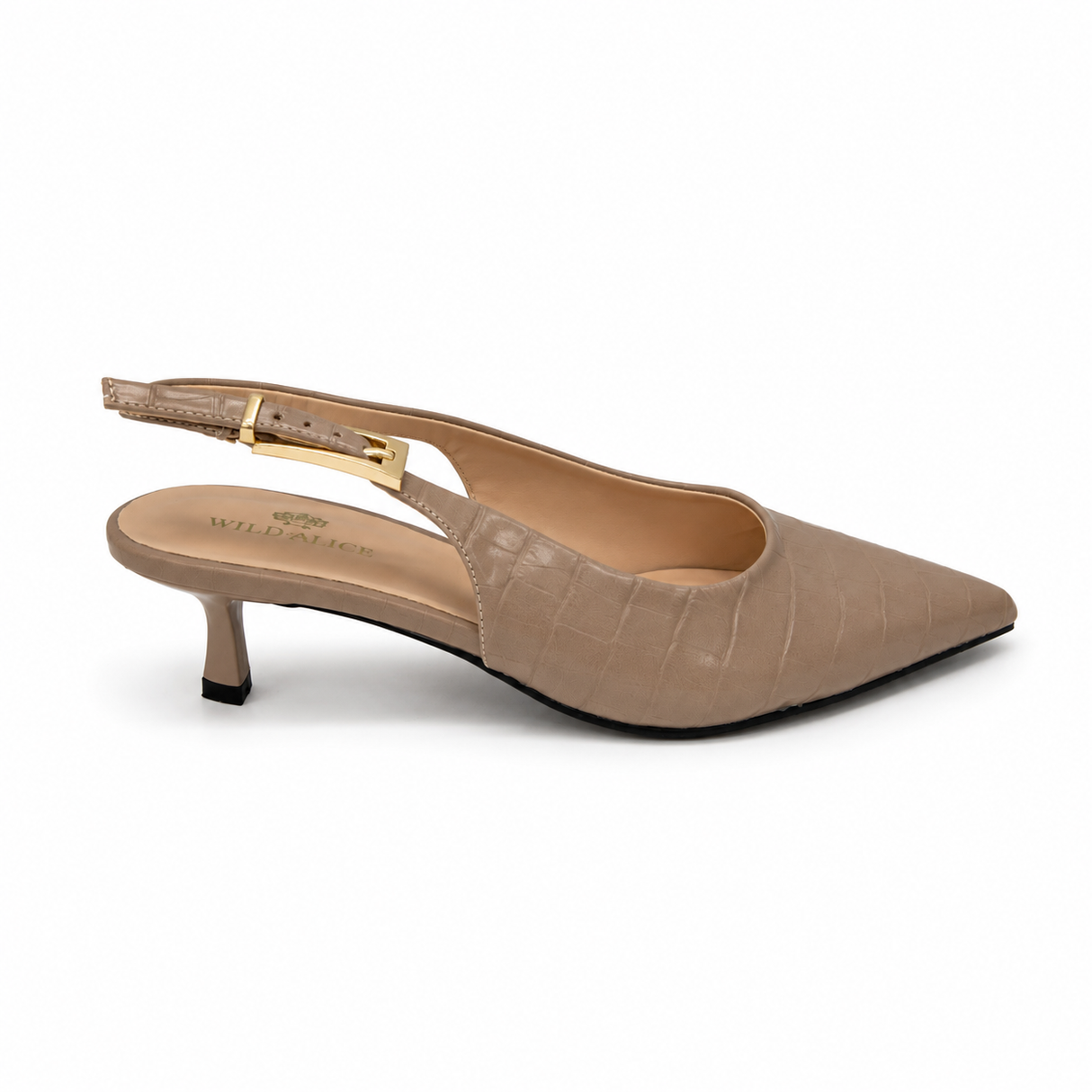 Wild Alice Croc Pointy Slingback Kitten Heel - Nude