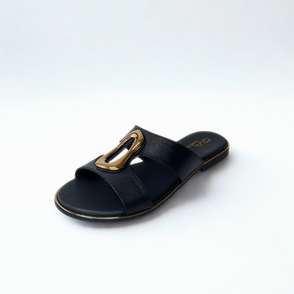Gia black LEATHER SLIDE with gold accent detail