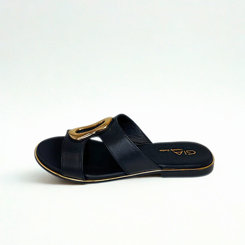 Gia black LEATHER SLIDE with gold accent detail