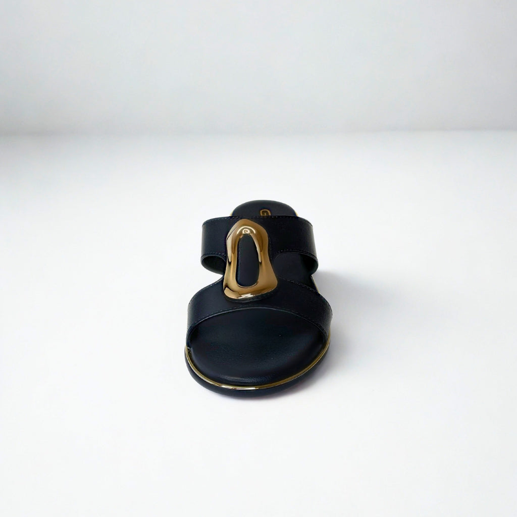 Gia black LEATHER SLIDE with gold accent detail