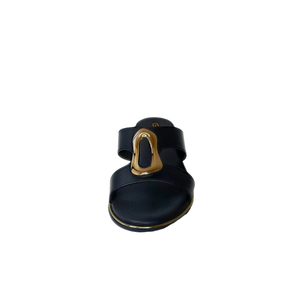 Gia Black Leather Slide With Gold Accent Detail – front view