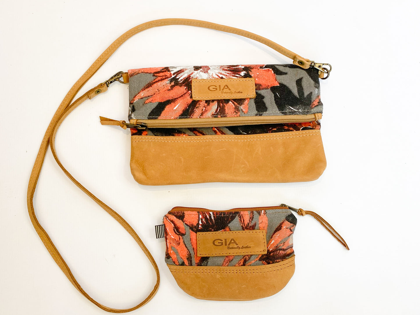 Gia leather and protea foldover bag