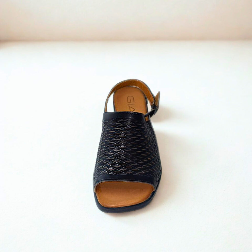 Gia black leather PERFORATED BLOCK HEEL with backstrap