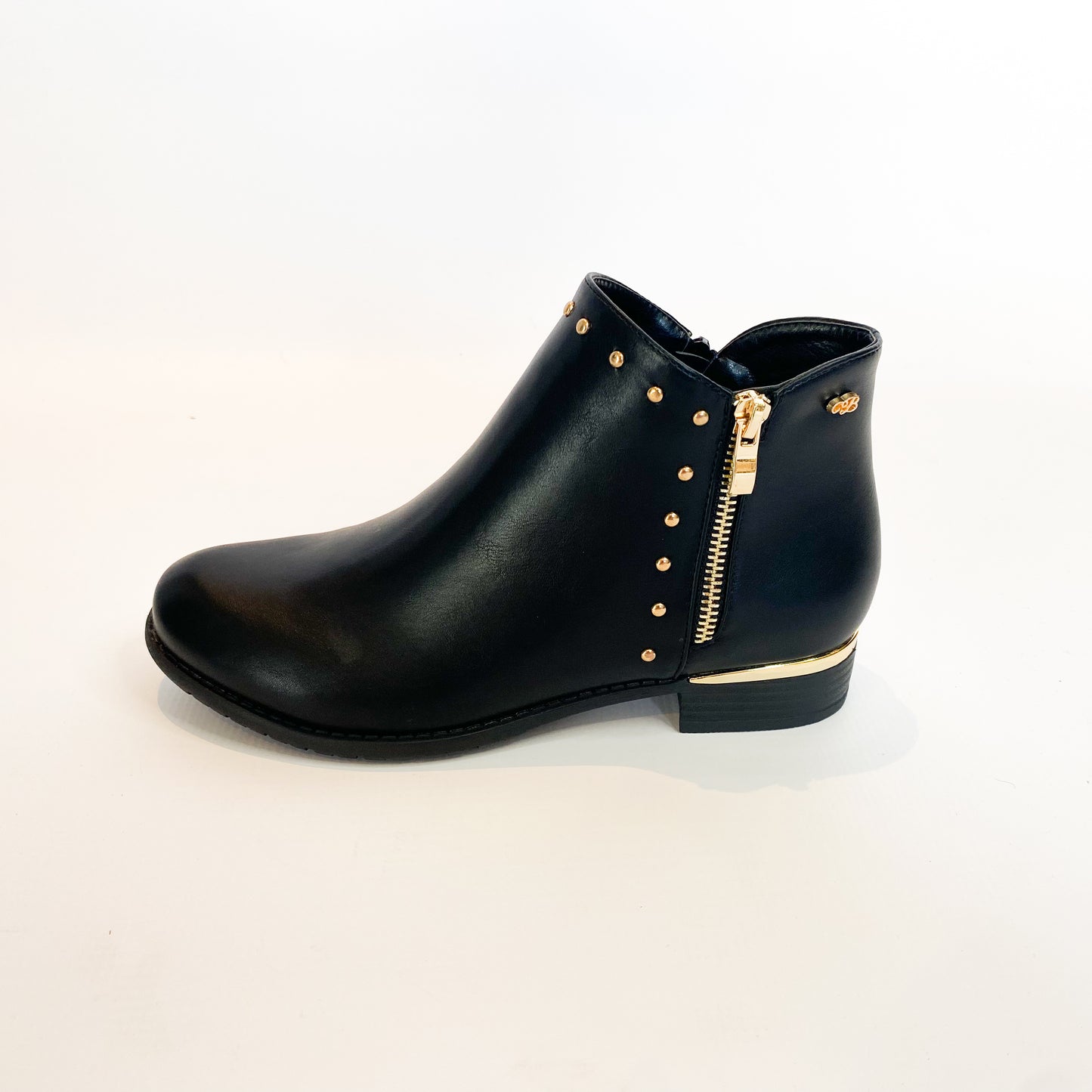 Miss Black, black and gold stud ankle boot