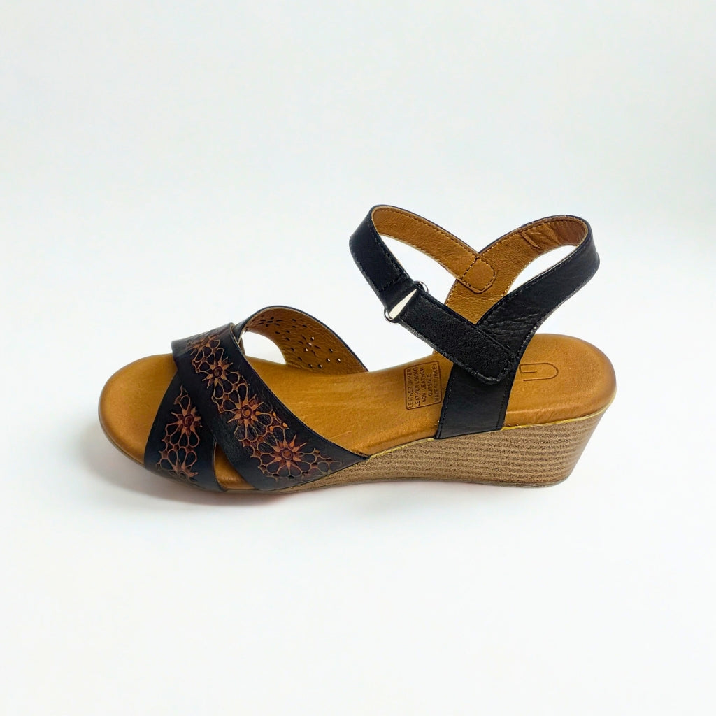 Gia black LASER CUT leather wedge