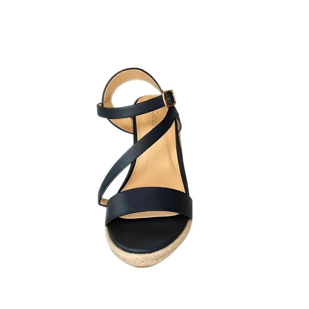 Geena Black Cross Strap Espadrille Wedge – front view