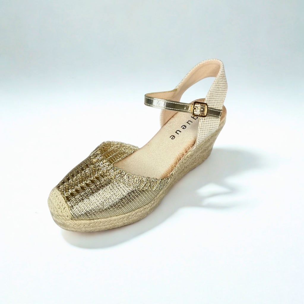 Queue gold metallic espadrille wedge