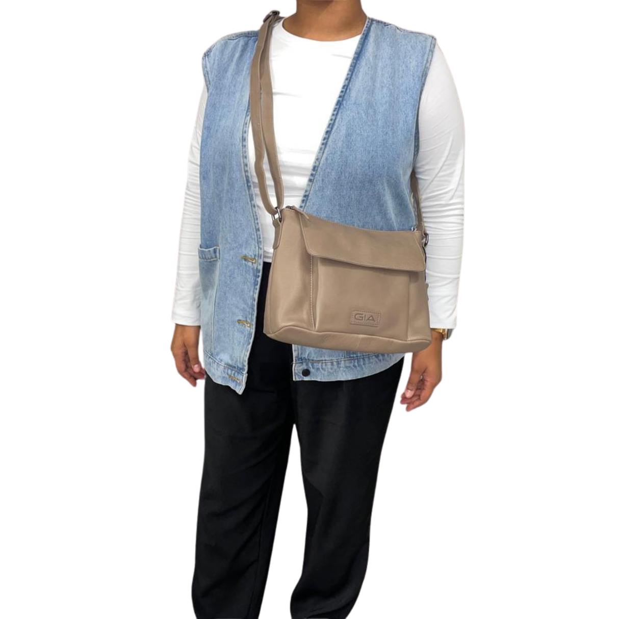 Gia Leather Fold Over Flap Bag - Taupe