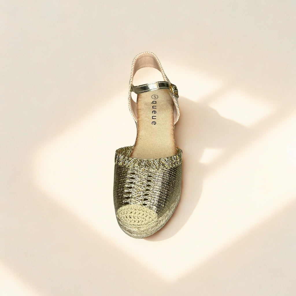 Queue gold metallic espadrille wedge