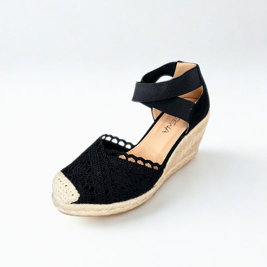 Geena black ANKLE CROSS STRAP Espadrille Wedge