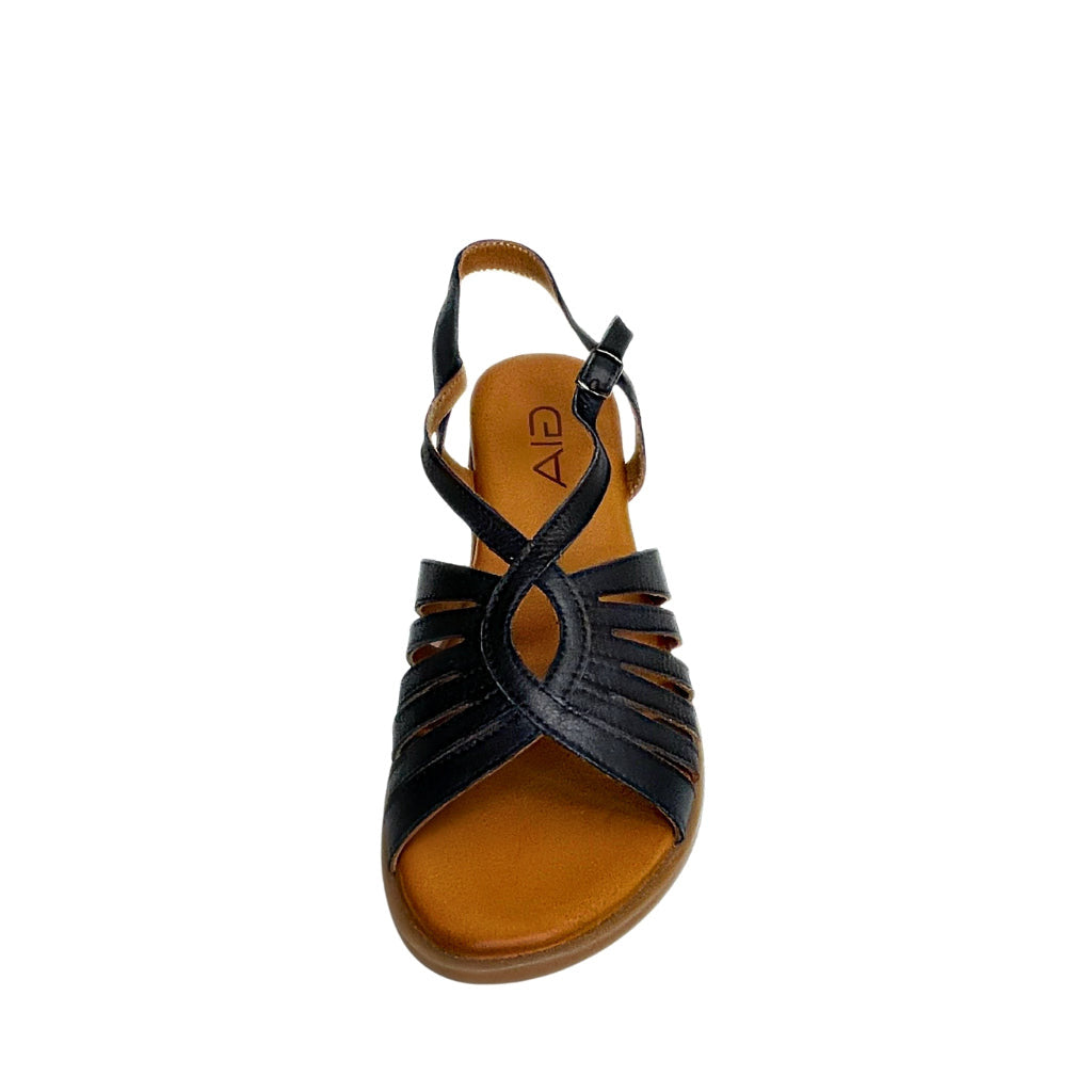 Gia Black Leather Strappy Backstrap Sandal – front view