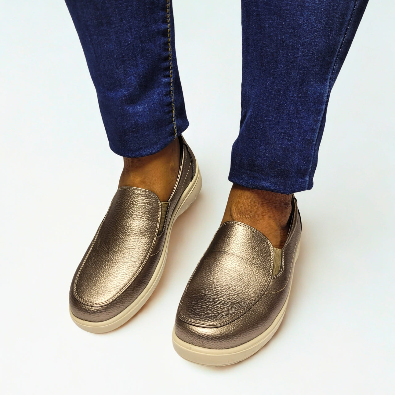 Cushion-Walk Pewter Slip-On – metallic textured upper with elasticated sides, soft padded insole, and lightweight casual design 1