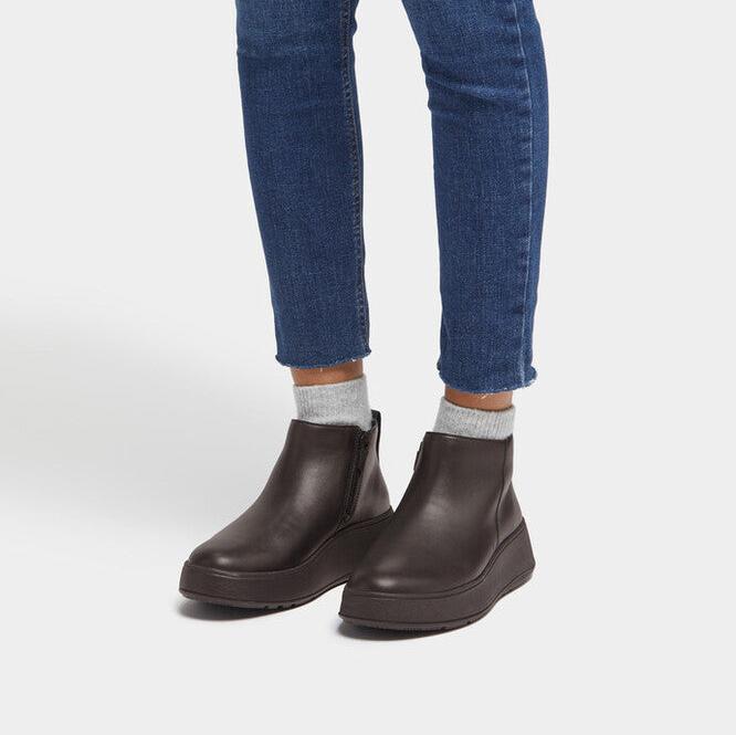 Fitflop F-MODE Leather Flatform Zip Ankle Boots - Chocolate Brown