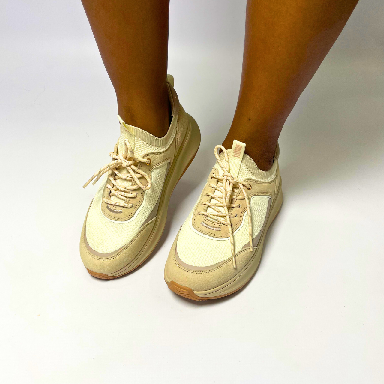 FitFlop F-Mode Suede/Knit Flatform stone/cream trainer with cushioned Microwobbleboard midsole, arch support & slip-resistant rubber outsole. 1