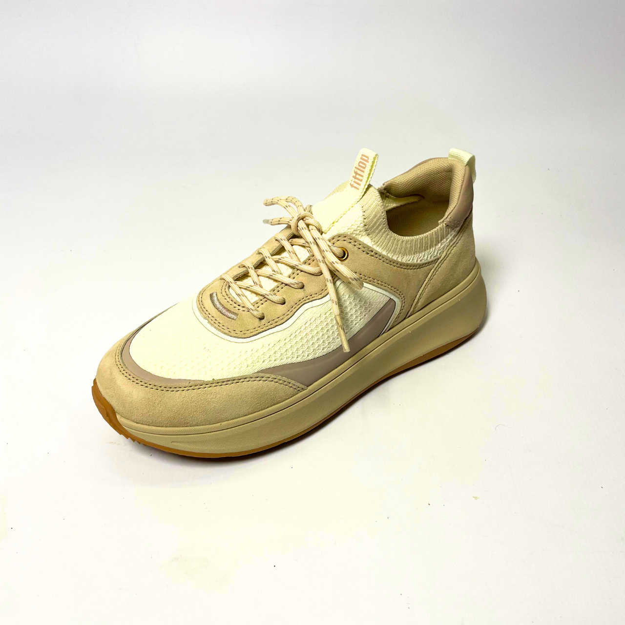 FitFlop F-Mode Suede/Knit Flatform stone/cream trainer with cushioned Microwobbleboard midsole, arch support & slip-resistant rubber outsole. 2