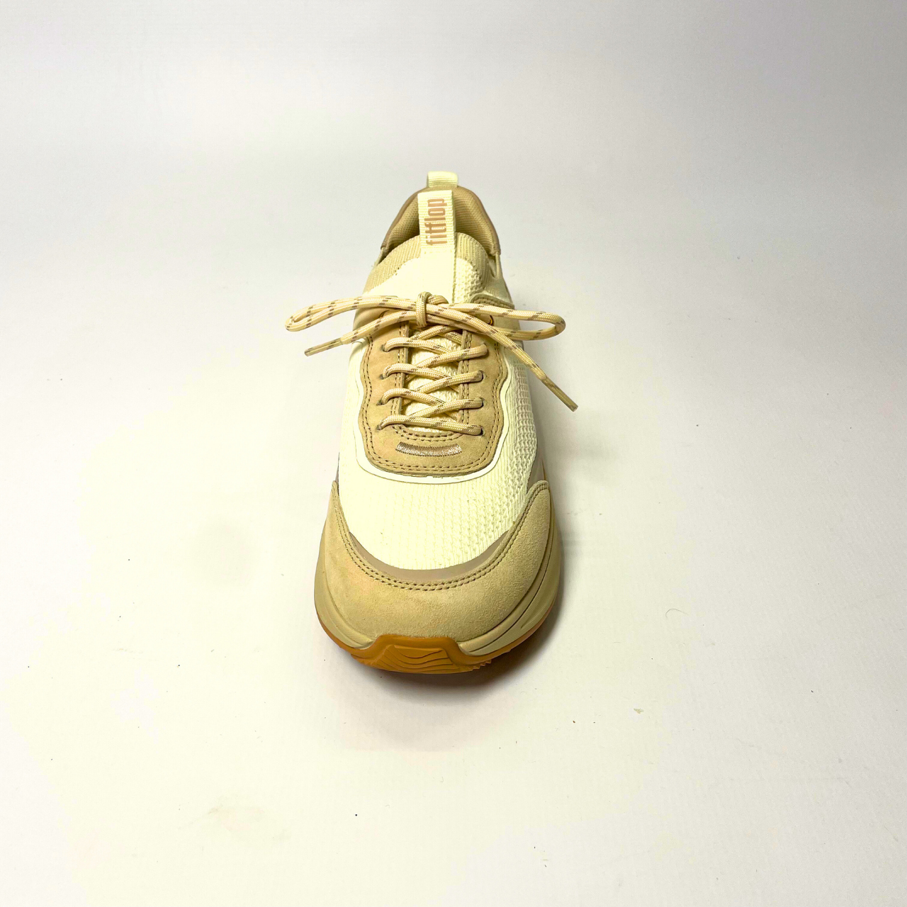 FitFlop F-Mode Suede/Knit Flatform stone/cream trainer with cushioned Microwobbleboard midsole, arch support & slip-resistant rubber outsole. 4