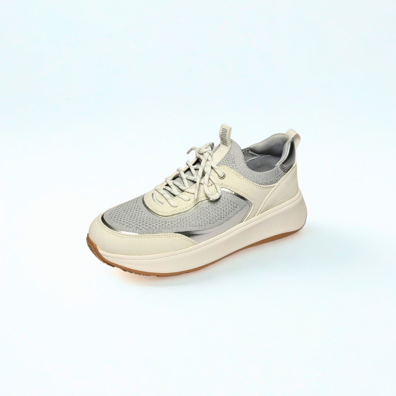 FitFlop F-Mode white and grey suede-knit flatform trainer with Microwobbleboard cushioning and decorative laces 2