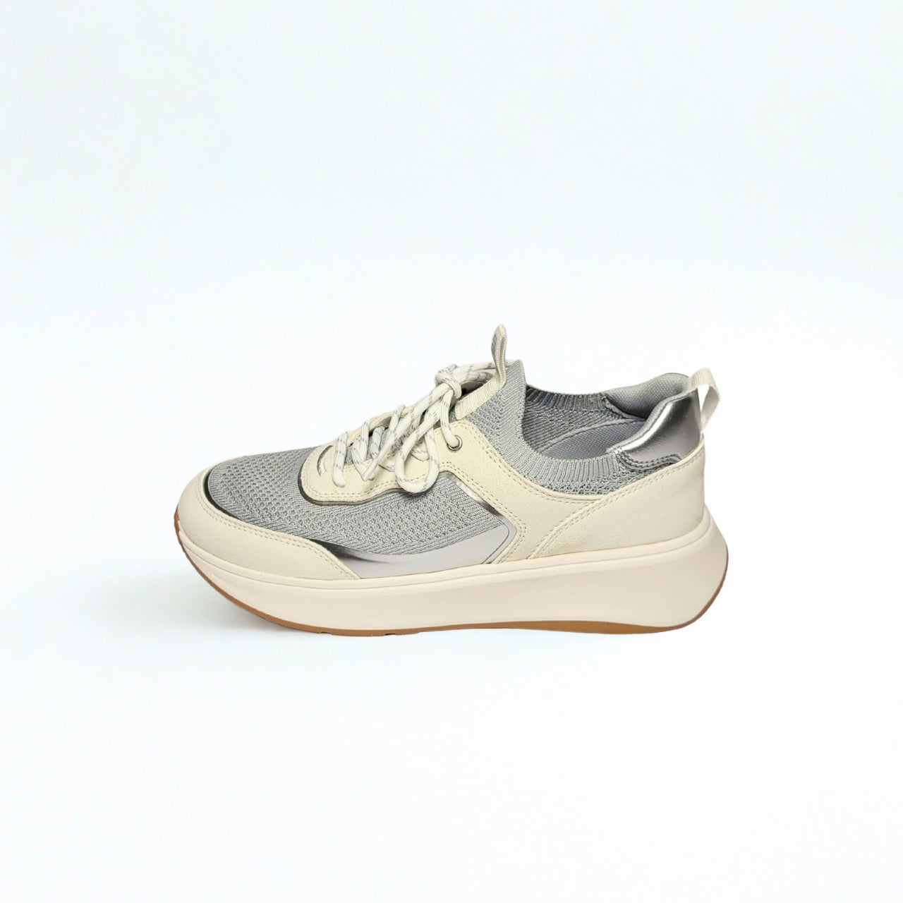 FitFlop F-Mode white and grey suede-knit flatform trainer with Microwobbleboard cushioning and decorative laces 3