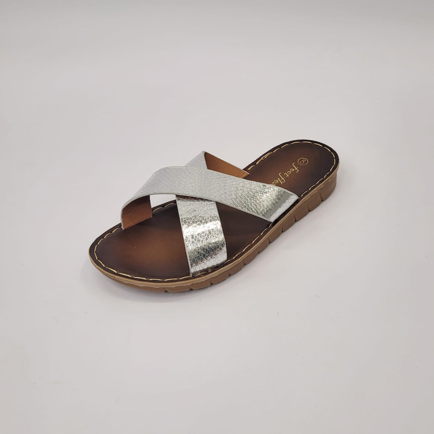 Foot Flex silver snake cross strap slip-on sandal with cushioned sole and textured metallic straps, stylish women’s casual footwear. 2