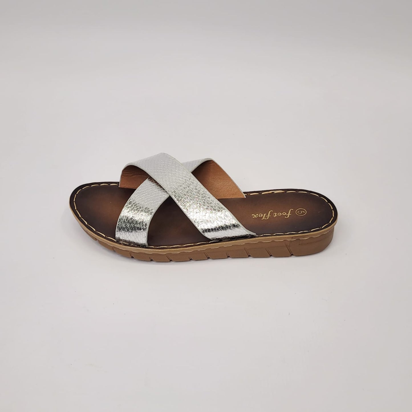 Foot Flex silver snake cross strap slip-on sandal with cushioned sole and textured metallic straps, stylish women’s casual footwear. 3