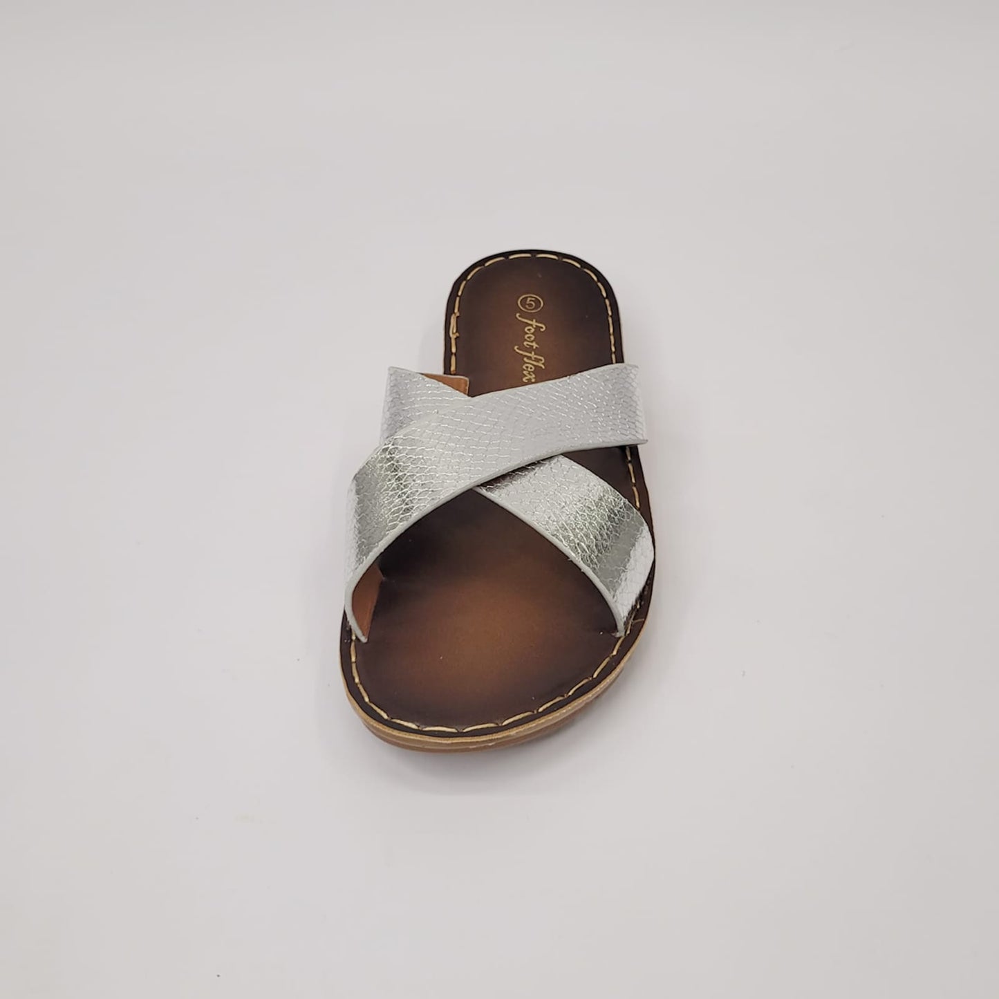 Foot Flex silver snake cross strap slip-on sandal with cushioned sole and textured metallic straps, stylish women’s casual footwear. 4