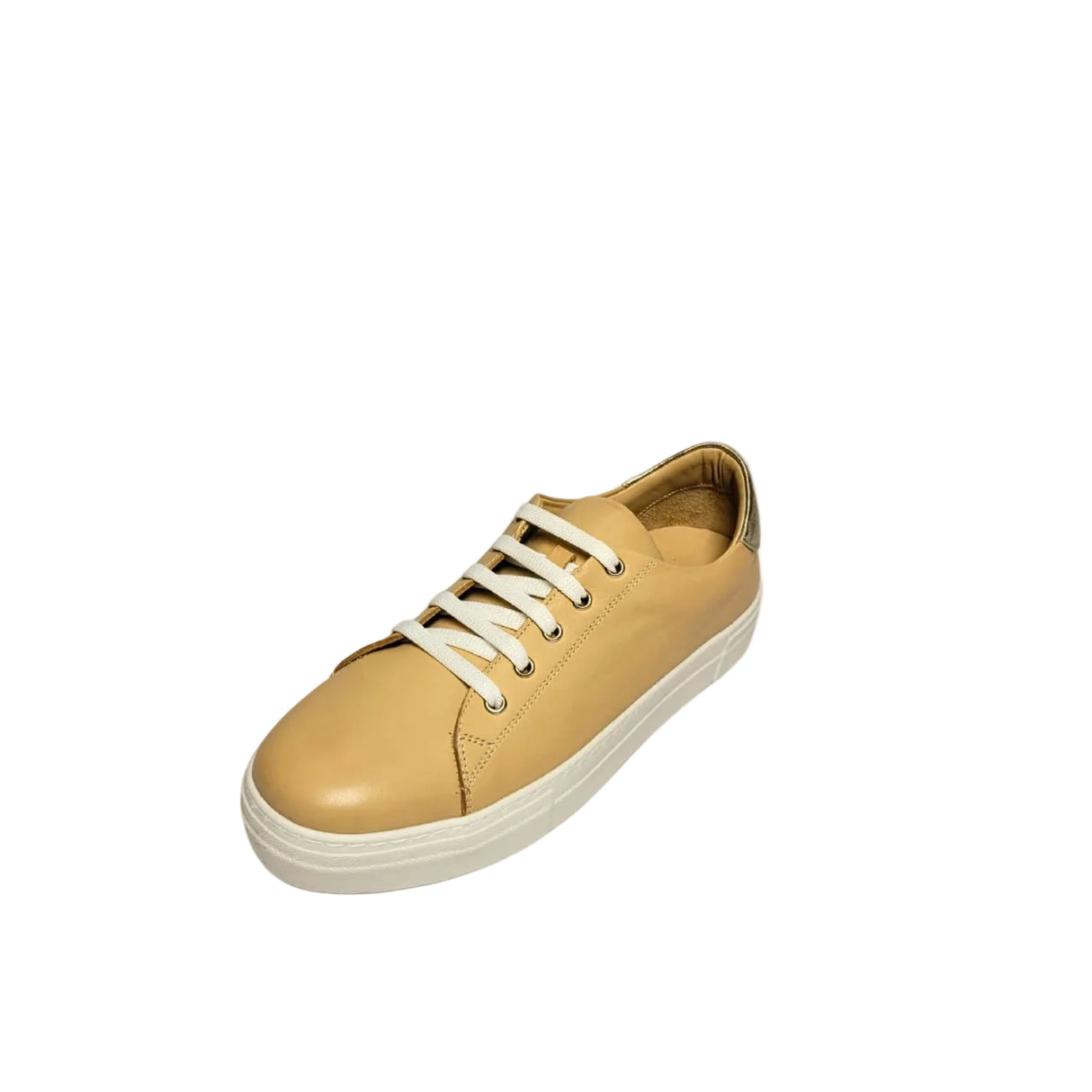 GIA beige leather platform sneaker with gold heel detail and lace-up design. 2