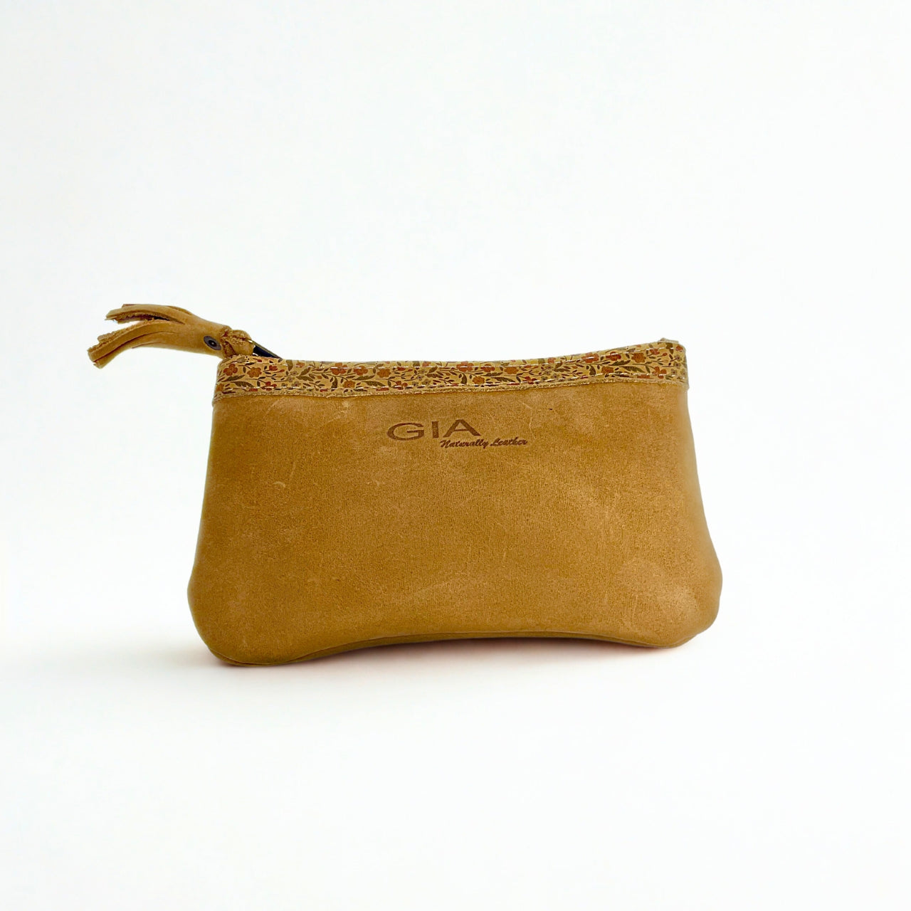 Small biscuit-colored leather mini purse with floral-printed trim and GIA logo on front, zip closure with leather pull tab.