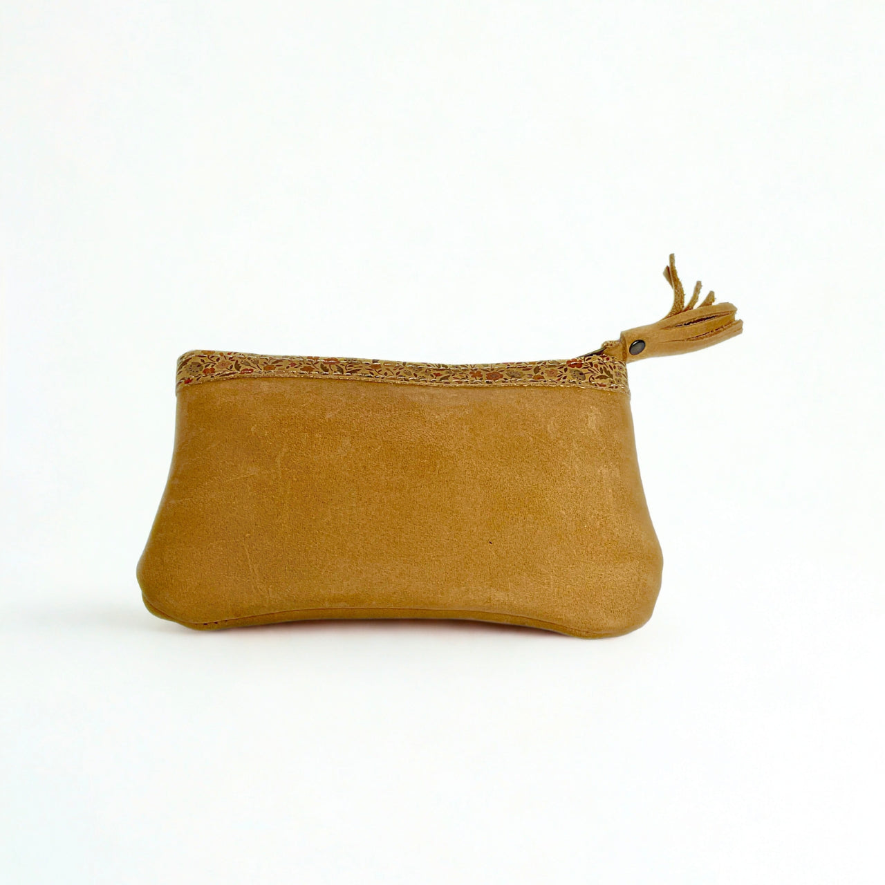 Back view of GIA Amy Mini Purse in biscuit leather with floral trim and zip-top closure, placed on white background.