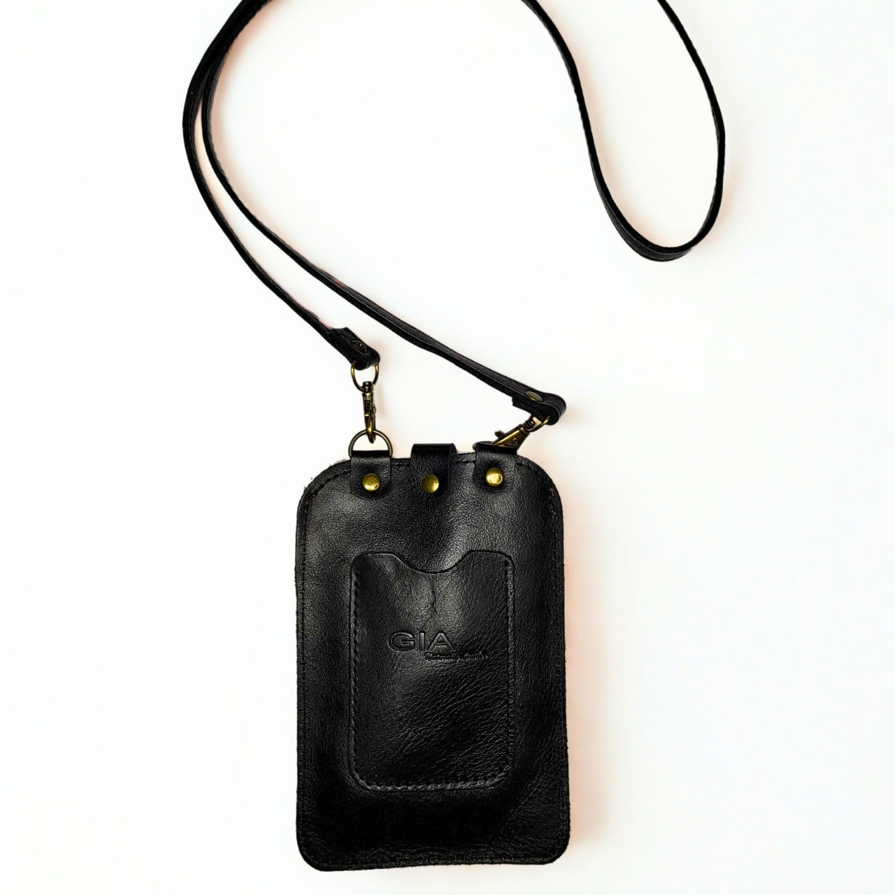 Gia Cell Bag in black and white cheetah print – hair-on-hide leather, compact hands-free design with gold hardware and detachable strap, fits most smartphones. 2