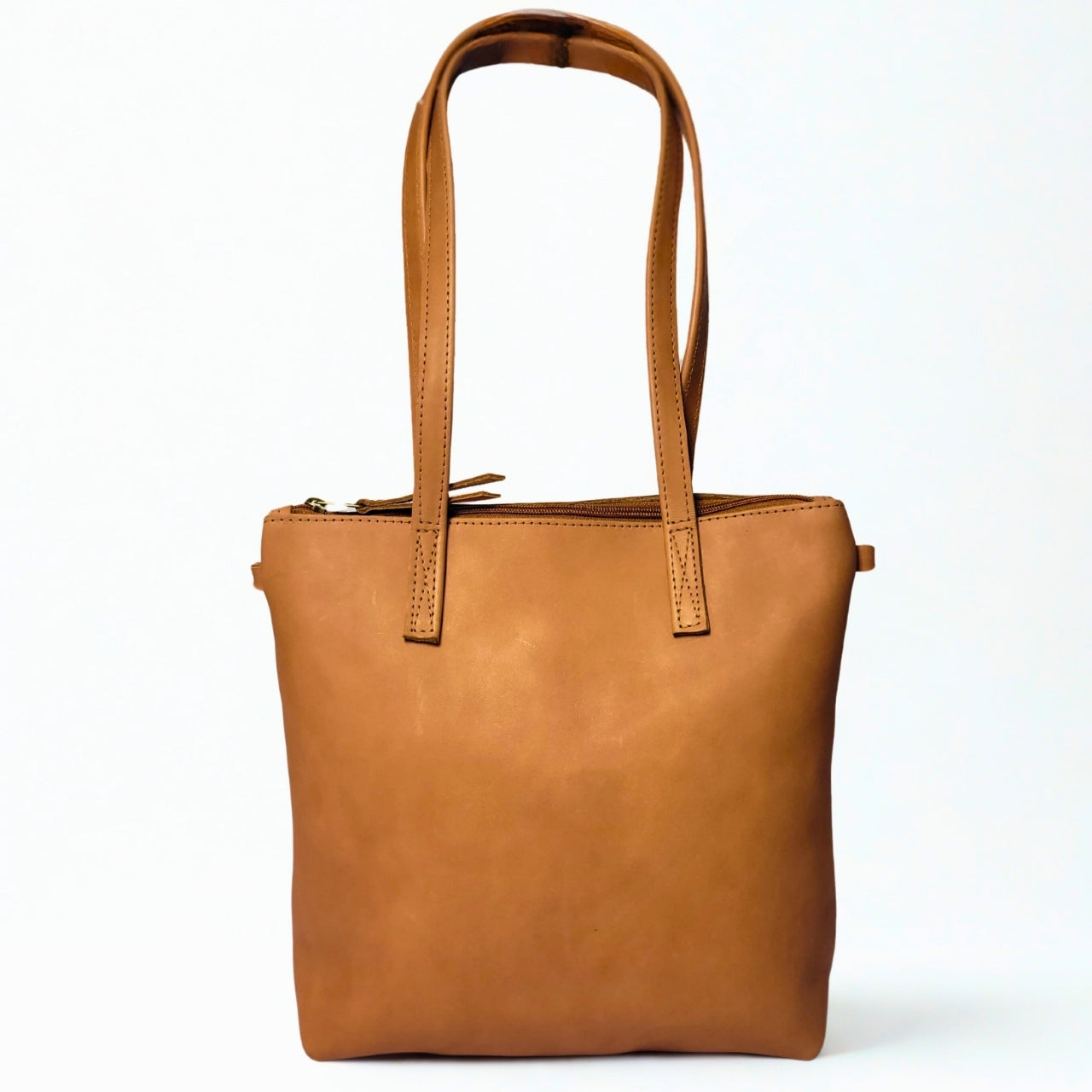 Gia toffee leather dual tote with zip closure, shoulder straps, and crossbody option. 2