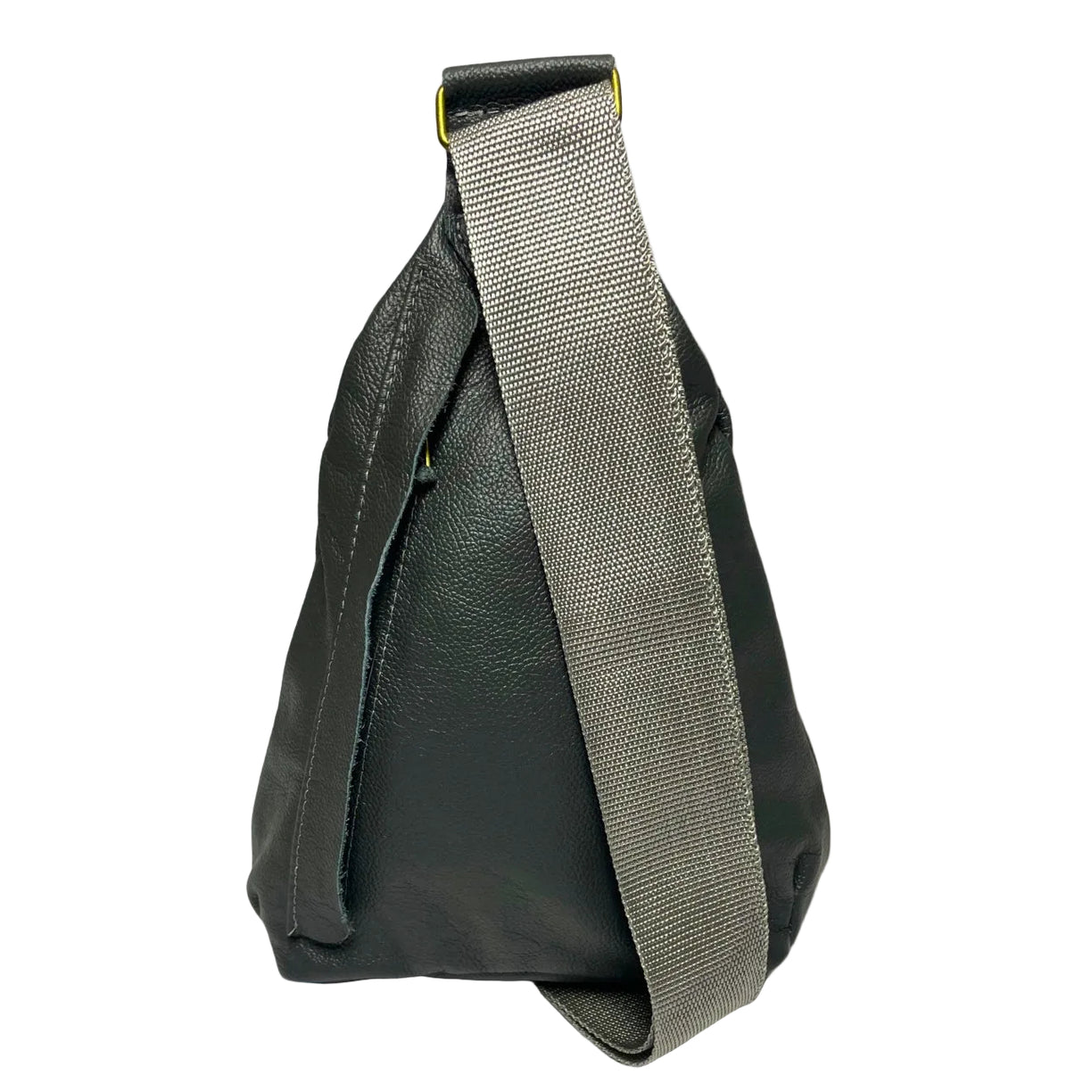Gia grey triangle backpack in metallic leather with gold buckle, front and rear zip pockets.