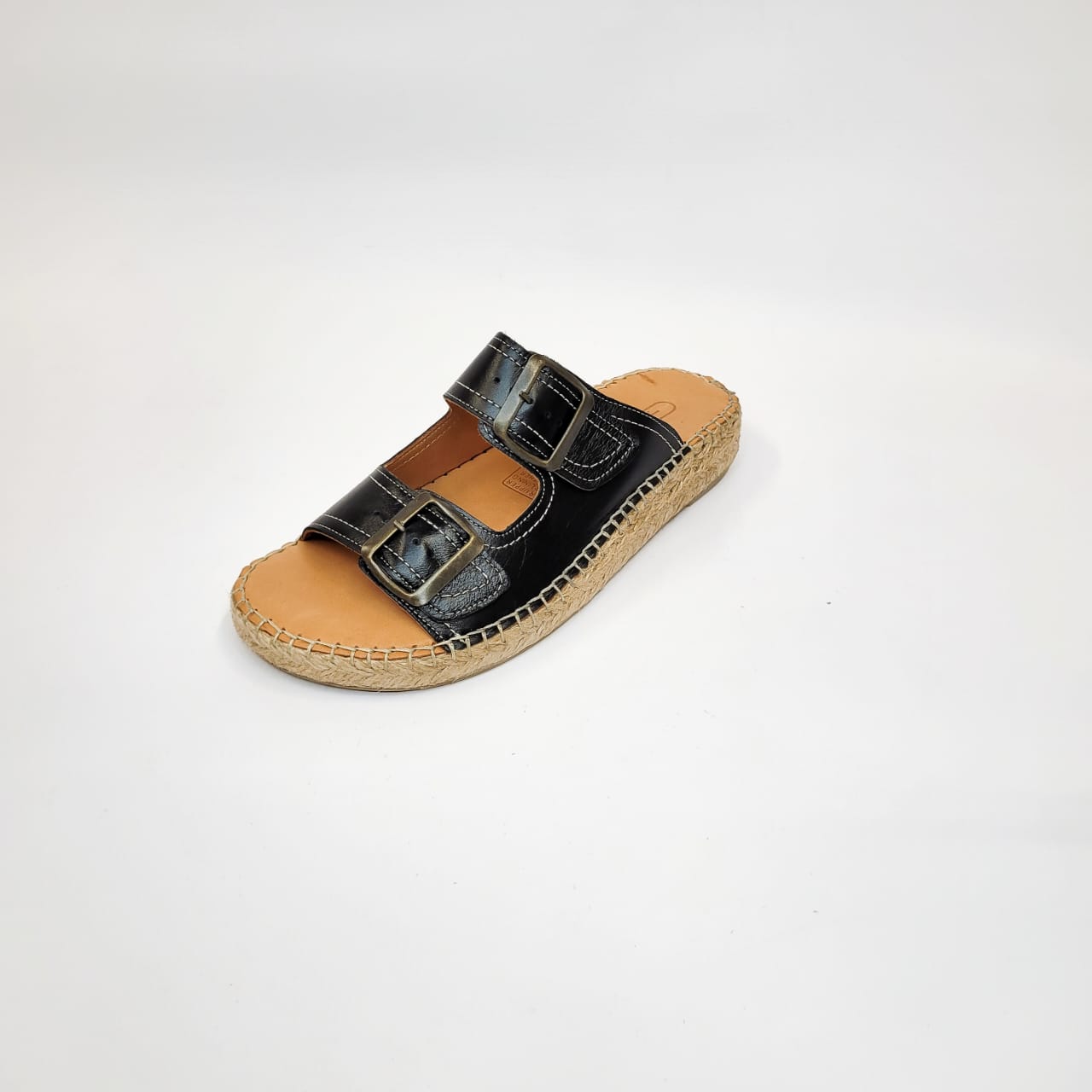 Gia Black leather espadrille sandal with double adjustable buckles, crafted in Turkey, perfect for stylish and comfortable wear. 2