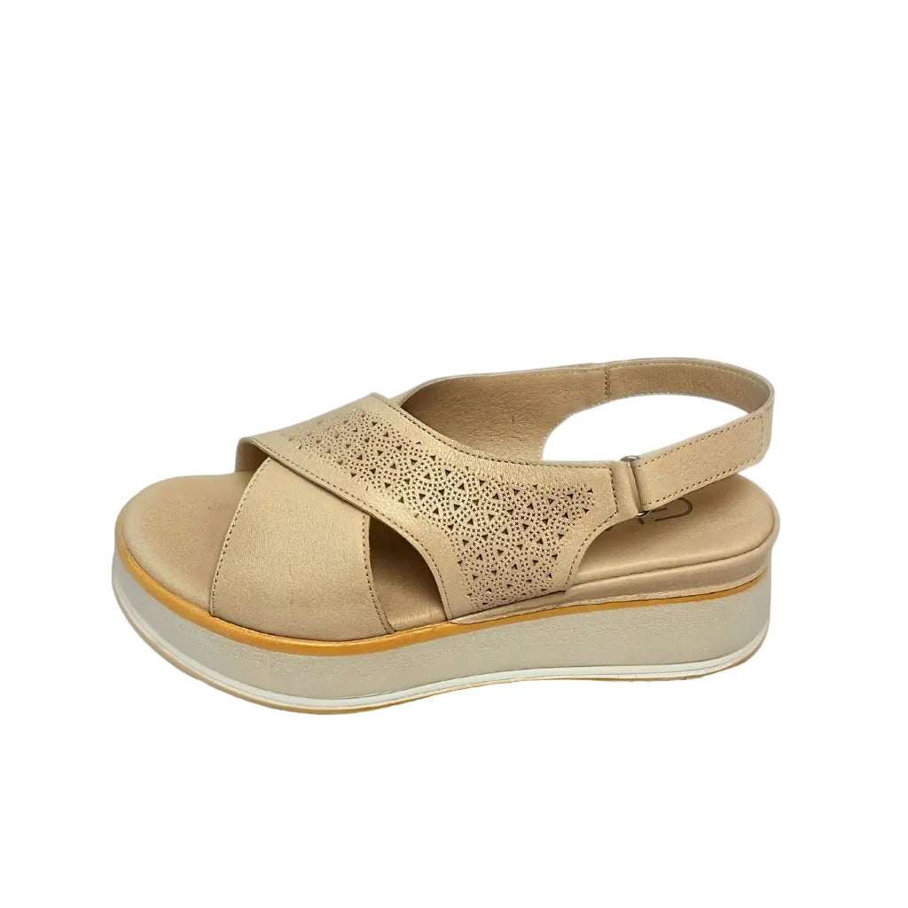 Gia grey silver leather platform sandals with laser-cut cross-over straps, cushioned insole, slingback strap, and slip-resistant sole â stylish womenâs summer sandals with added height.