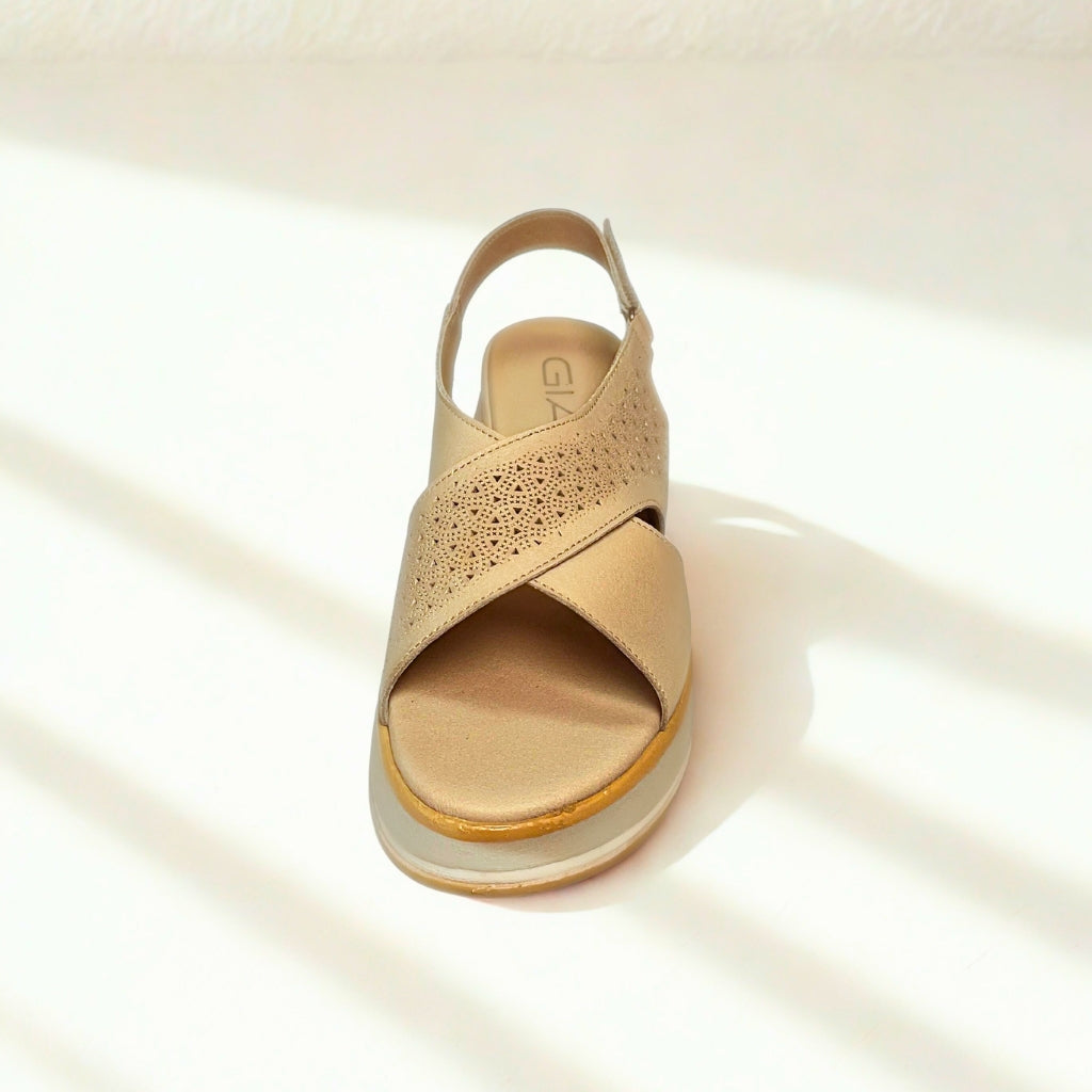 Gia grey silver leather platform sandals with laser-cut cross-over straps, cushioned insole, slingback strap, and slip-resistant sole – stylish women’s summer sandals with added height.