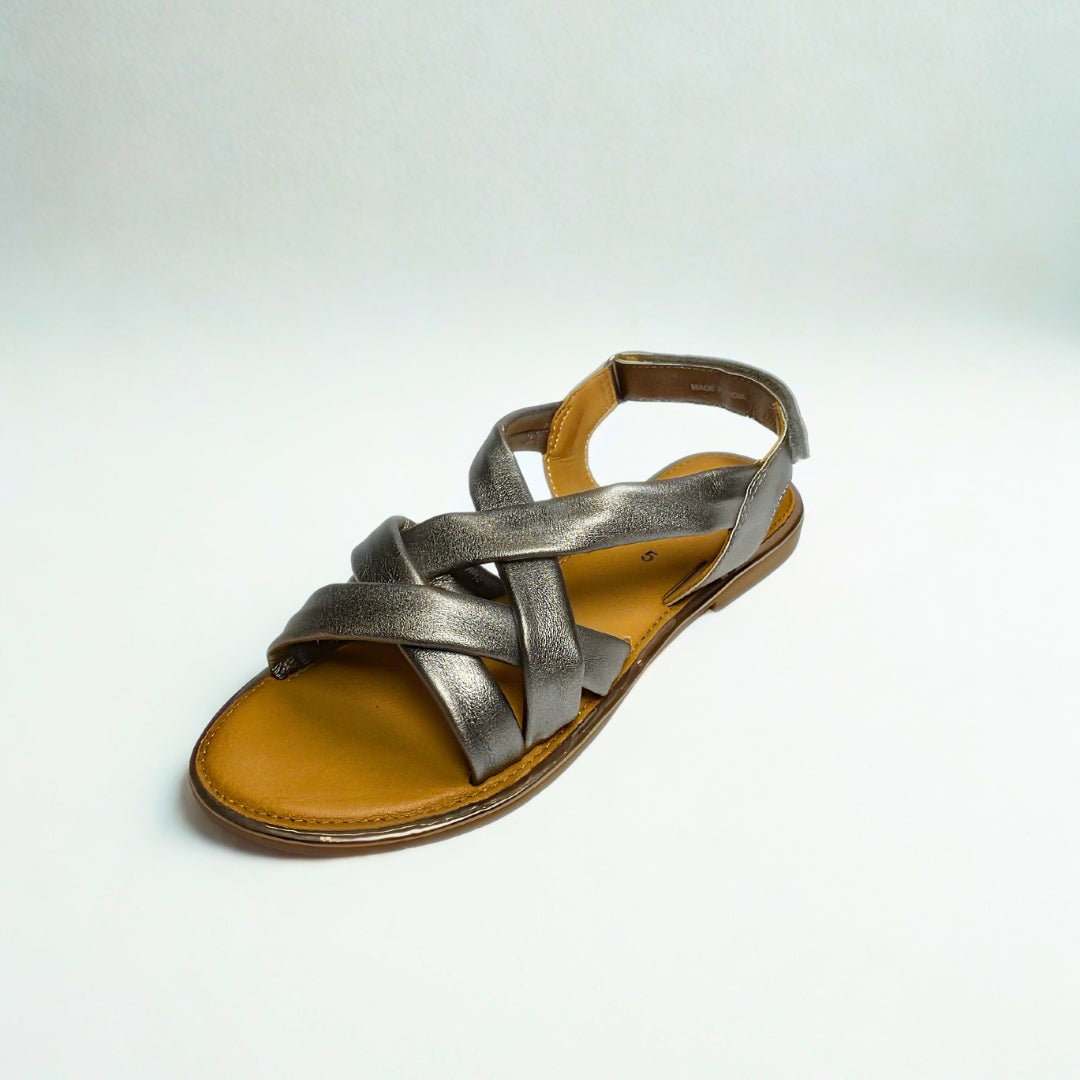 Gia pewter leather criss cross slingback sandals with cushioned insole, adjustable strap, and flexible sole – versatile women’s metallic sandals for casual and evening wear.