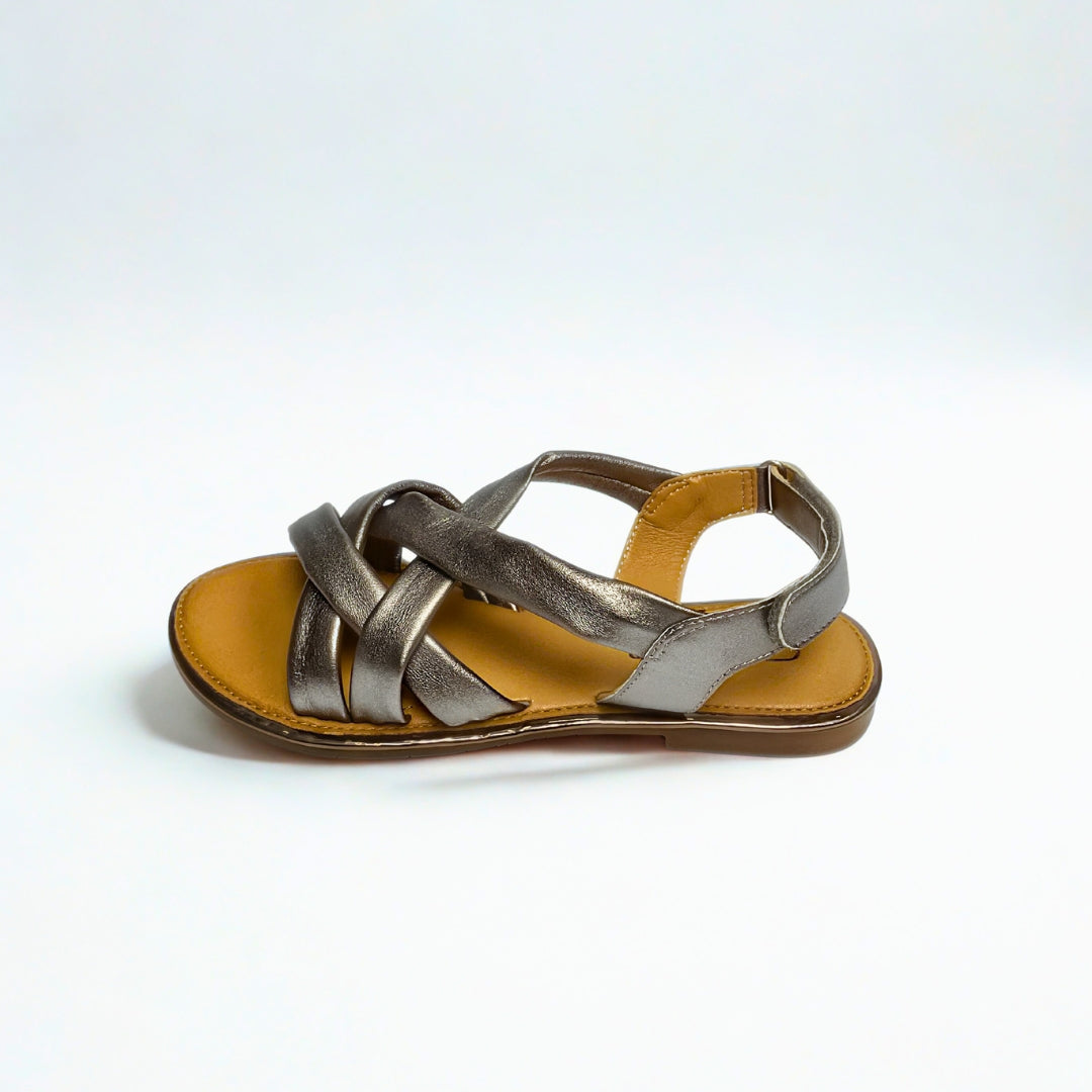 Gia pewter leather criss cross slingback sandals with cushioned insole, adjustable strap, and flexible sole – versatile women’s metallic sandals for casual and evening wear.
