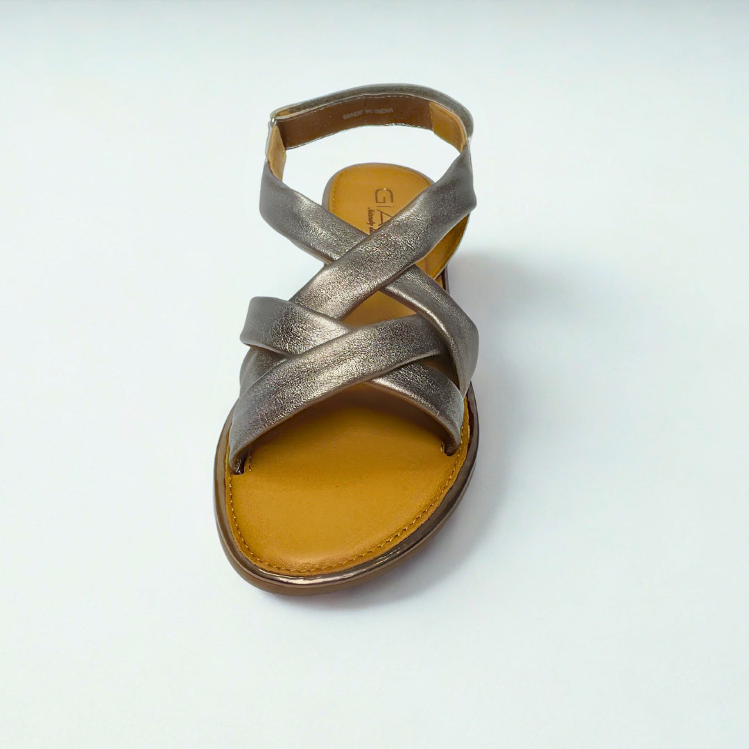 Gia pewter leather criss cross slingback sandals with cushioned insole, adjustable strap, and flexible sole – versatile women’s metallic sandals for casual and evening wear.