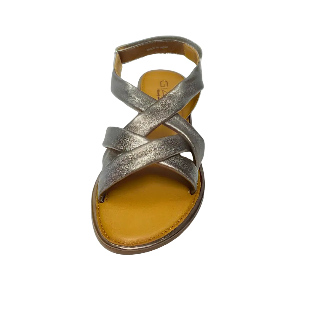 Gia pewter leather criss cross slingback sandals with cushioned insole, adjustable strap, and flexible sole – versatile women’s metallic sandals for casual and evening wear.