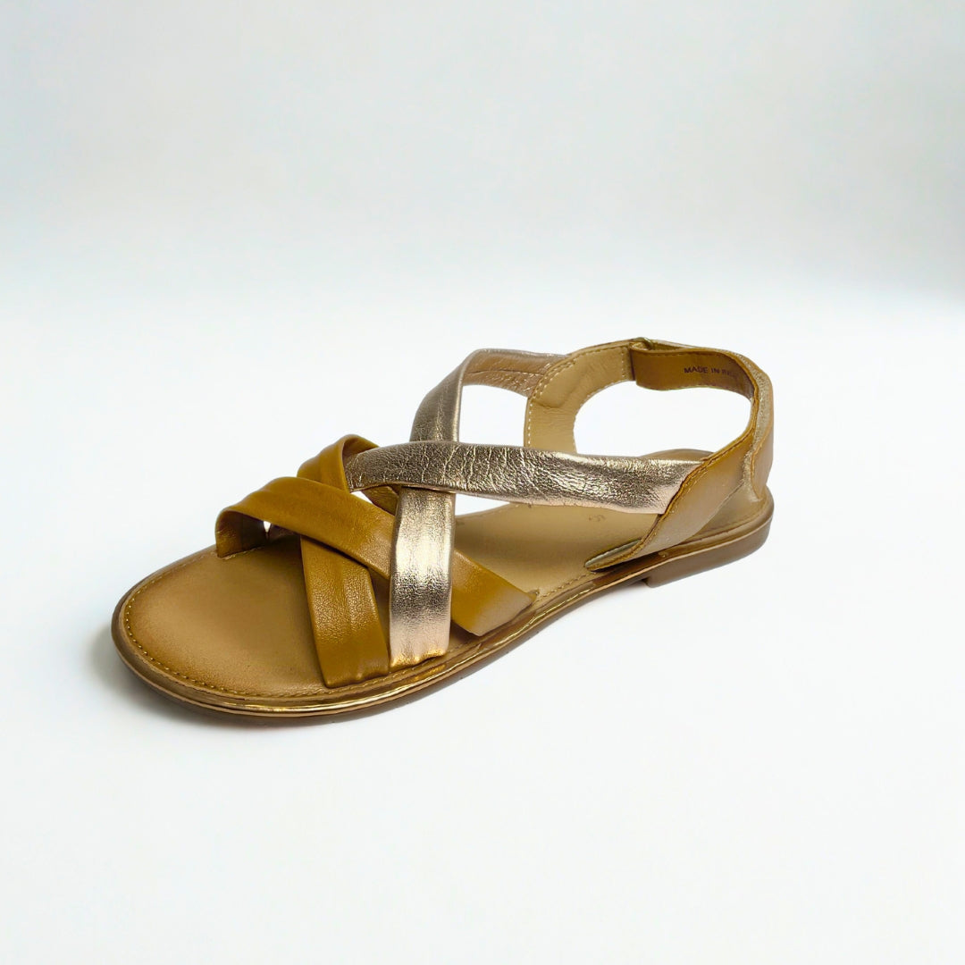 Gia rose gold and tan leather criss cross slingback sandals with cushioned insole, adjustable strap, and flexible sole – chic women’s summer sandals for comfort and style.