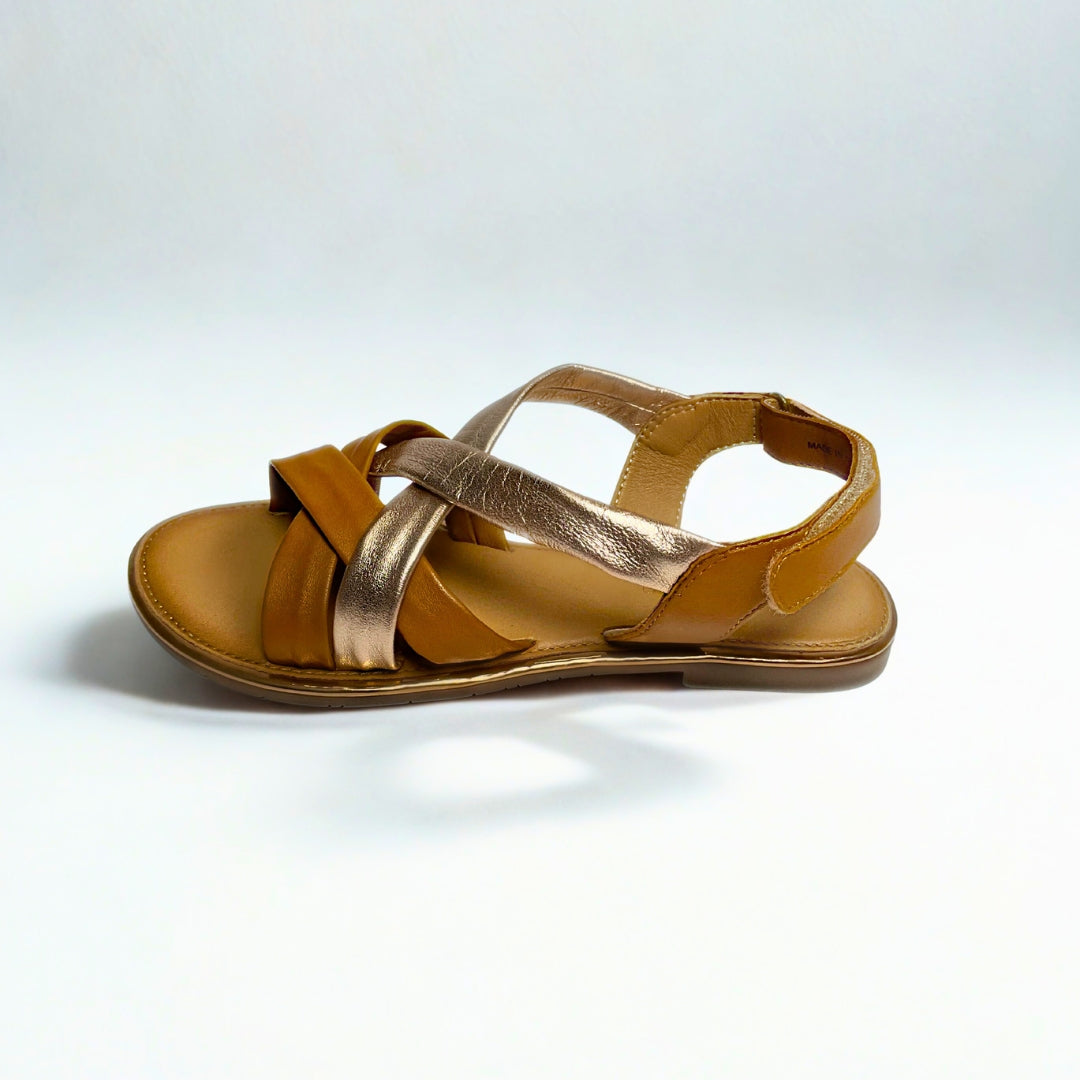 Gia rose gold and tan leather criss cross slingback sandals with cushioned insole, adjustable strap, and flexible sole – chic women’s summer sandals for comfort and style.