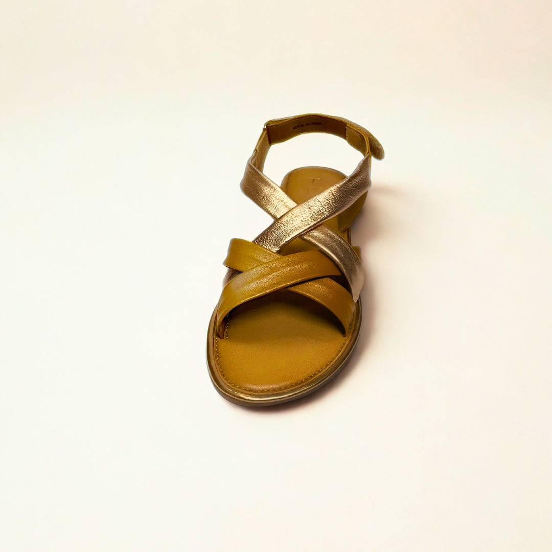 Gia rose gold and tan leather criss cross slingback sandals with cushioned insole, adjustable strap, and flexible sole – chic women’s summer sandals for comfort and style.