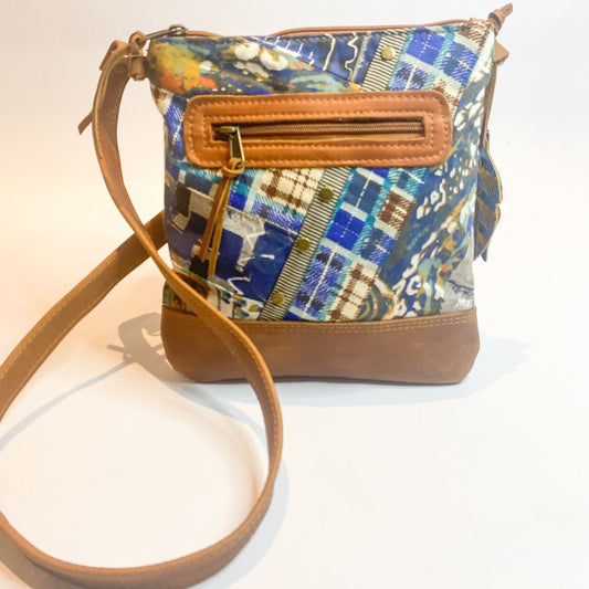 Gia leather tan & patch fabric postman bag