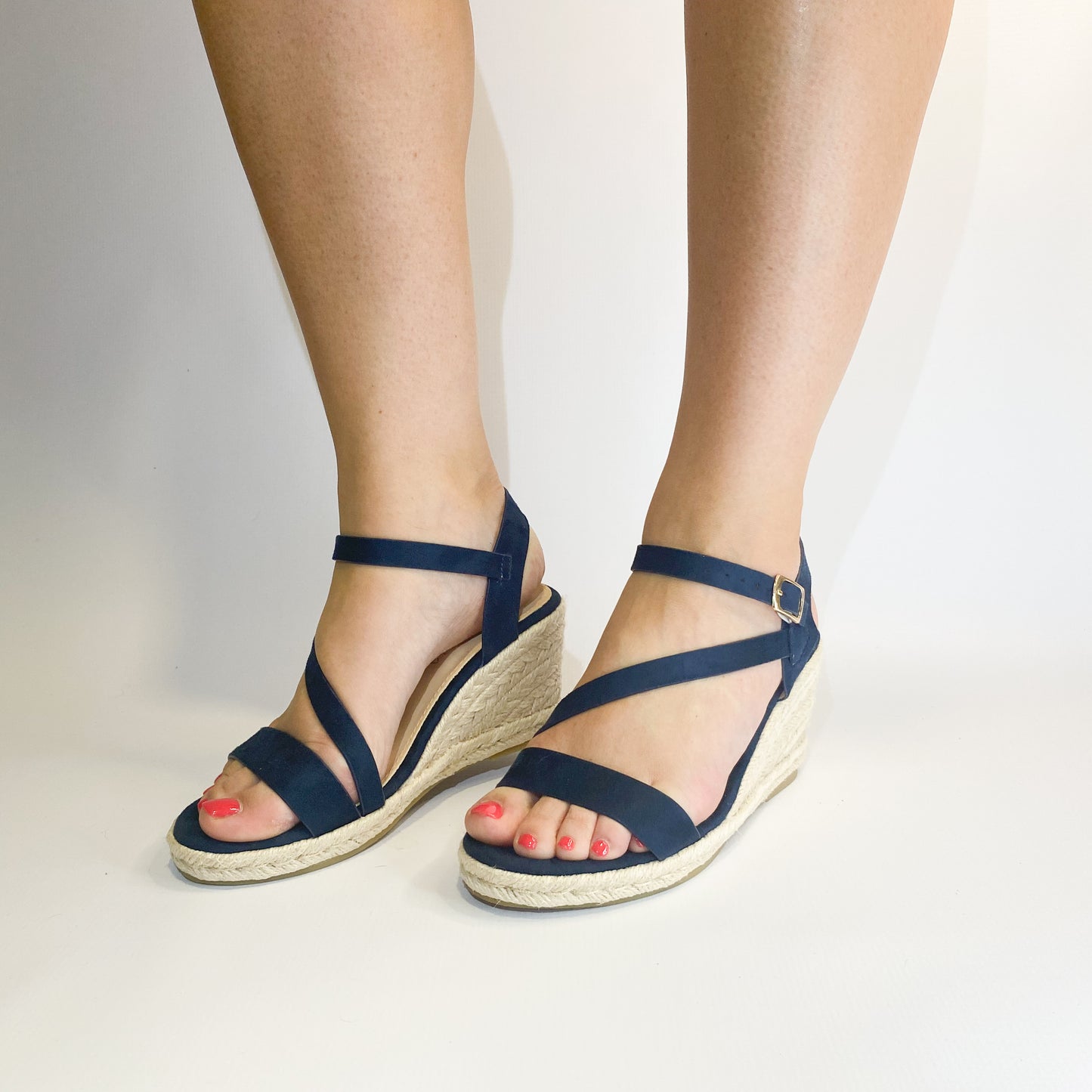 Geena navy slingback suede wedge