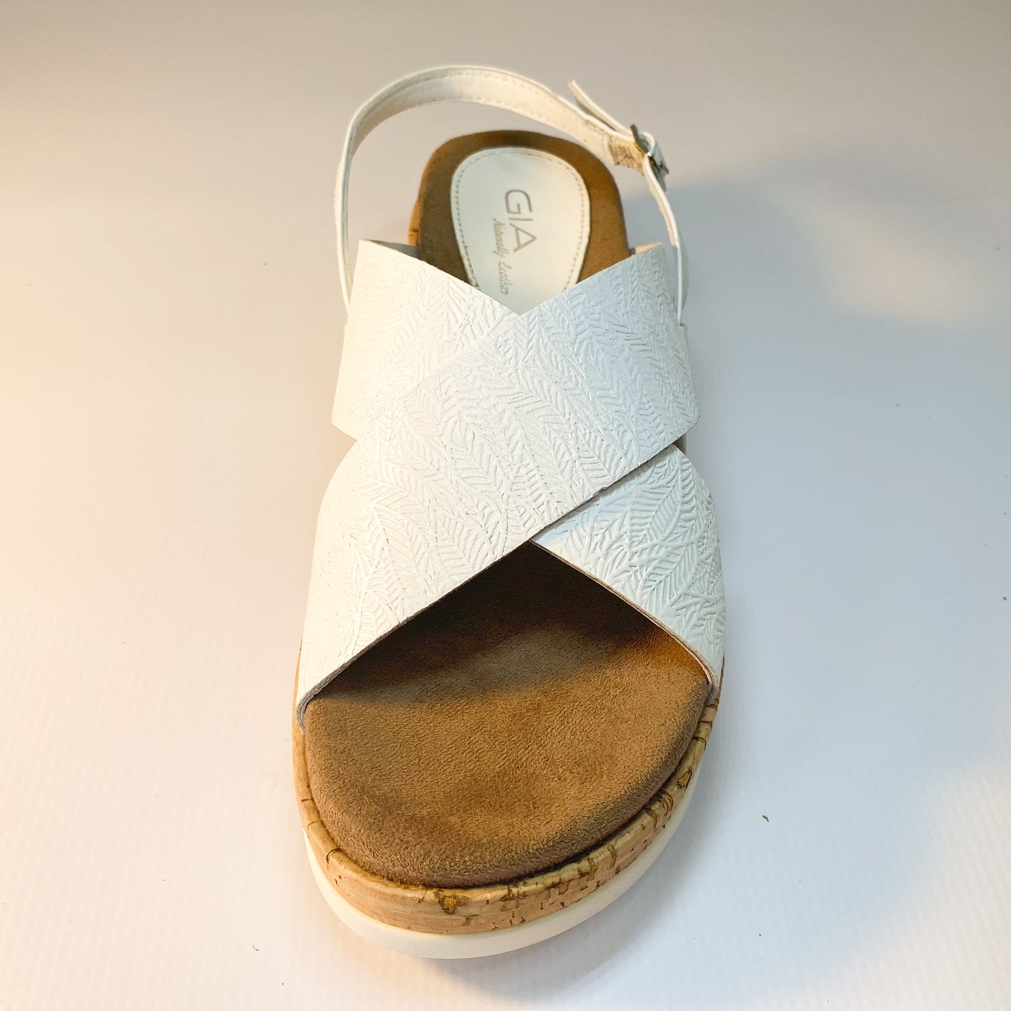 Gia white leather crossover wedge