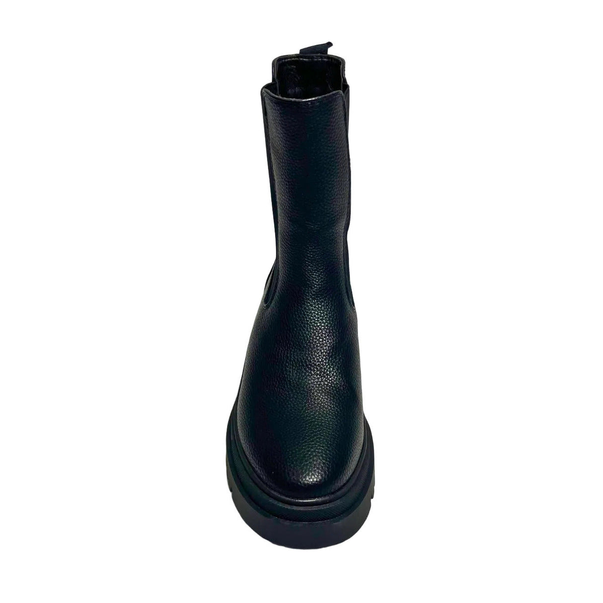 Jumbo 3/4 Black Chelsea Boot – premium synthetic leather upper in deep black. Features a chunky lug sole for added height and durability, with a rounded toe for a classic look. Elastic side panels allow for an easy slip-on fit, making it perfect for casual wear, rugged street style, and all-season versatility. 4