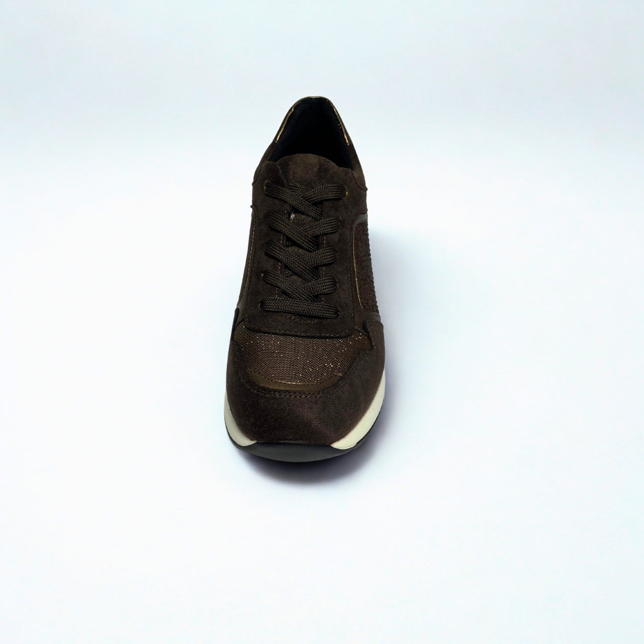 Jumbo brown lace-up wedge sneaker with diamante and bronze accents, hidden heel and white sole.