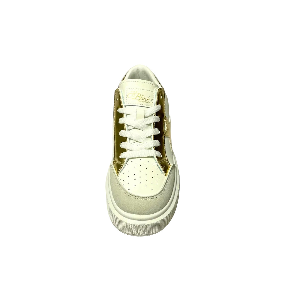 Miss Black Twinkle 1 White/Gold Lace-Up Sneaker – Faux leather upper with star detail and mixed materials. Featuring a round toe, lace-up design, and thick bottom for added comfort. Heel height: 4 cm. Perfect for casual wear and adding a touch of sparkle to your look. 4
