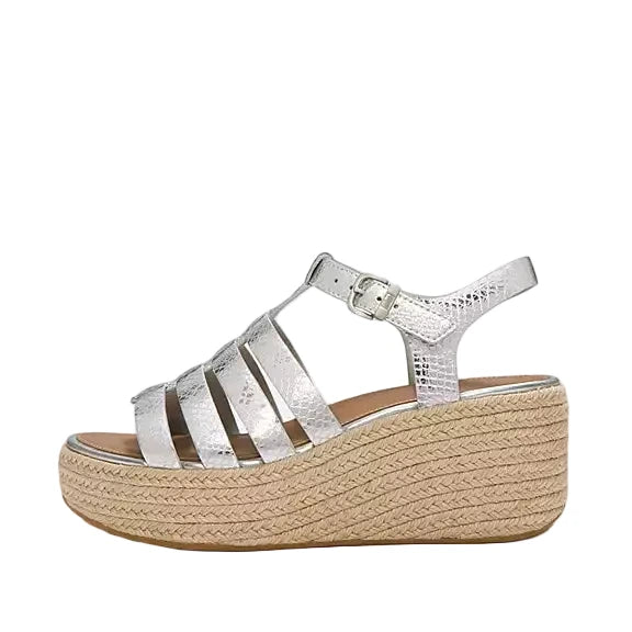 FitFlop PLATFFORMS Leather Espadrille Wedge Sandals - Silver Snake